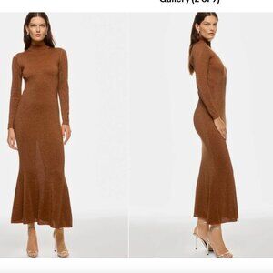 Ronny Kobo Dress Sheer Metallic Long-Sleeve Mock Neck Bronze Size XS *READ FLAW*